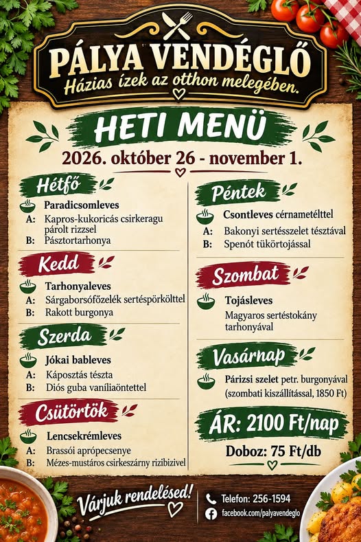 Pálya Vendéglő – házias ízek az otthon melegében. A heti menü.